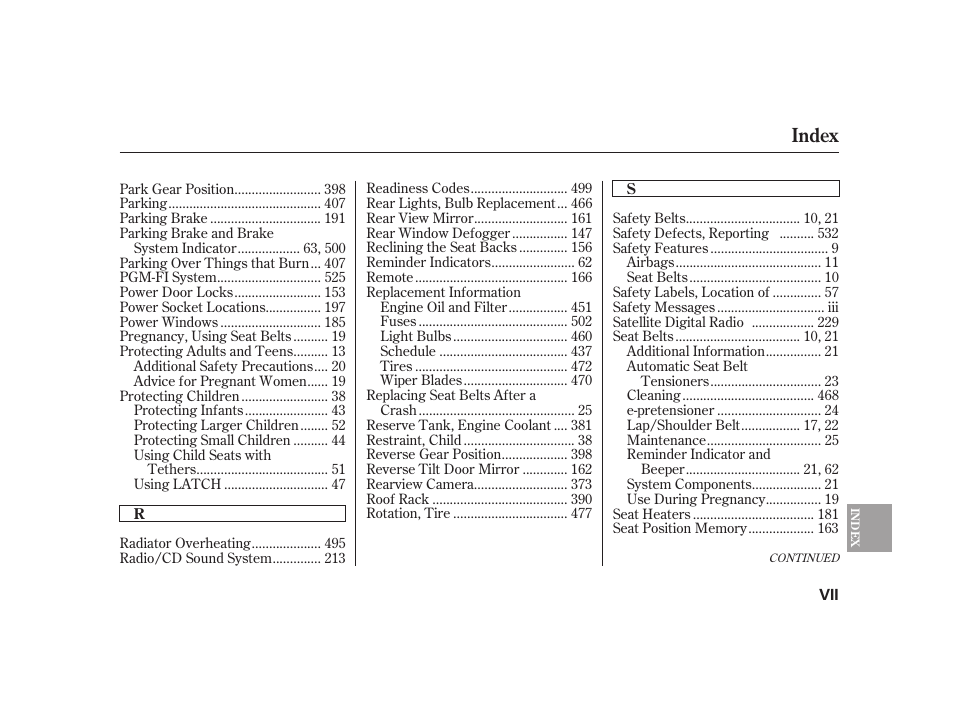 Index | Acura 2009 RL User Manual | Page 547 / 554