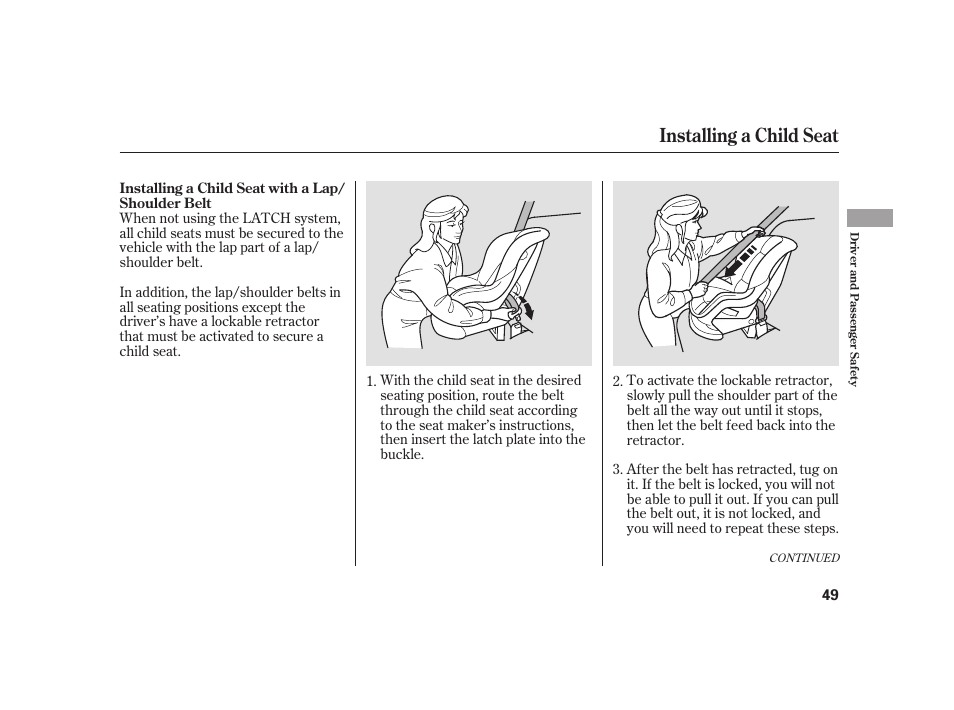 Installing a child seat | Acura 2009 RL User Manual | Page 55 / 554