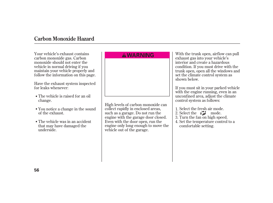 Carbon monoxide hazard | Acura 2009 RL User Manual | Page 62 / 554