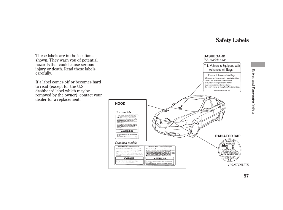 Safety labels | Acura 2009 RL User Manual | Page 63 / 554