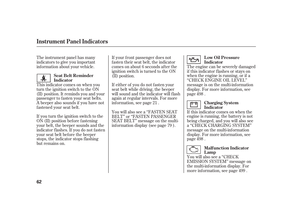 Instrument panel indicators | Acura 2009 RL User Manual | Page 68 / 554