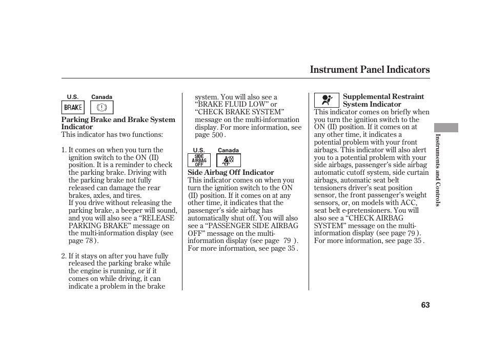 Instrument panel indicators | Acura 2009 RL User Manual | Page 69 / 554