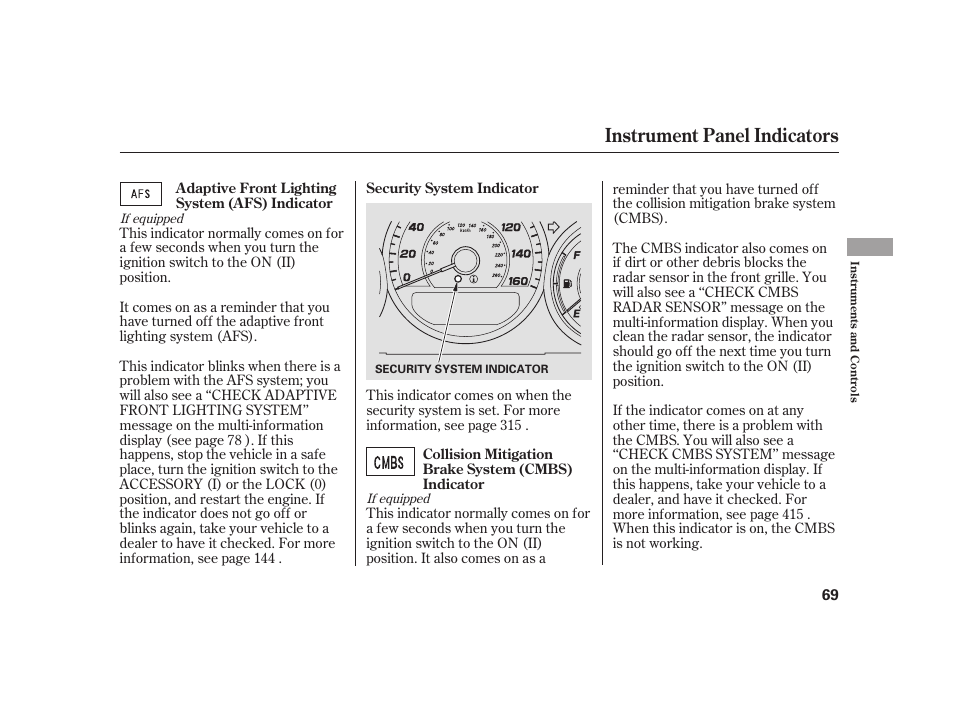 Instrument panel indicators | Acura 2009 RL User Manual | Page 75 / 554