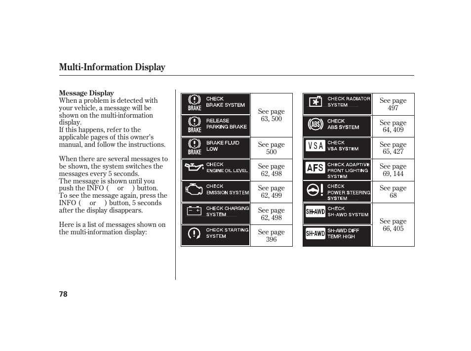 Multi-information display | Acura 2009 RL User Manual | Page 84 / 554