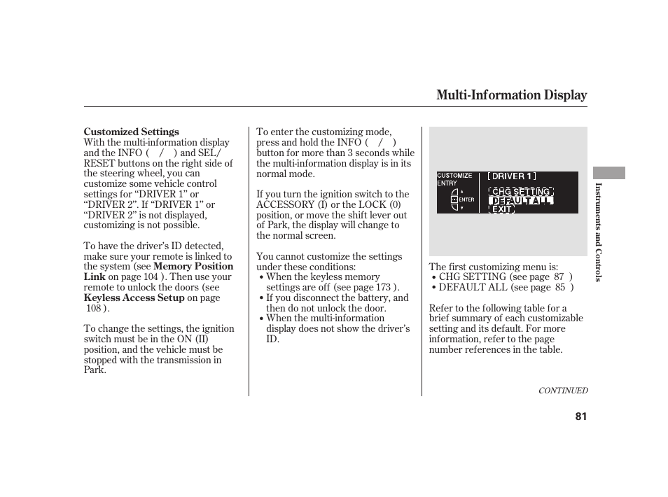 Multi-information display | Acura 2009 RL User Manual | Page 87 / 554