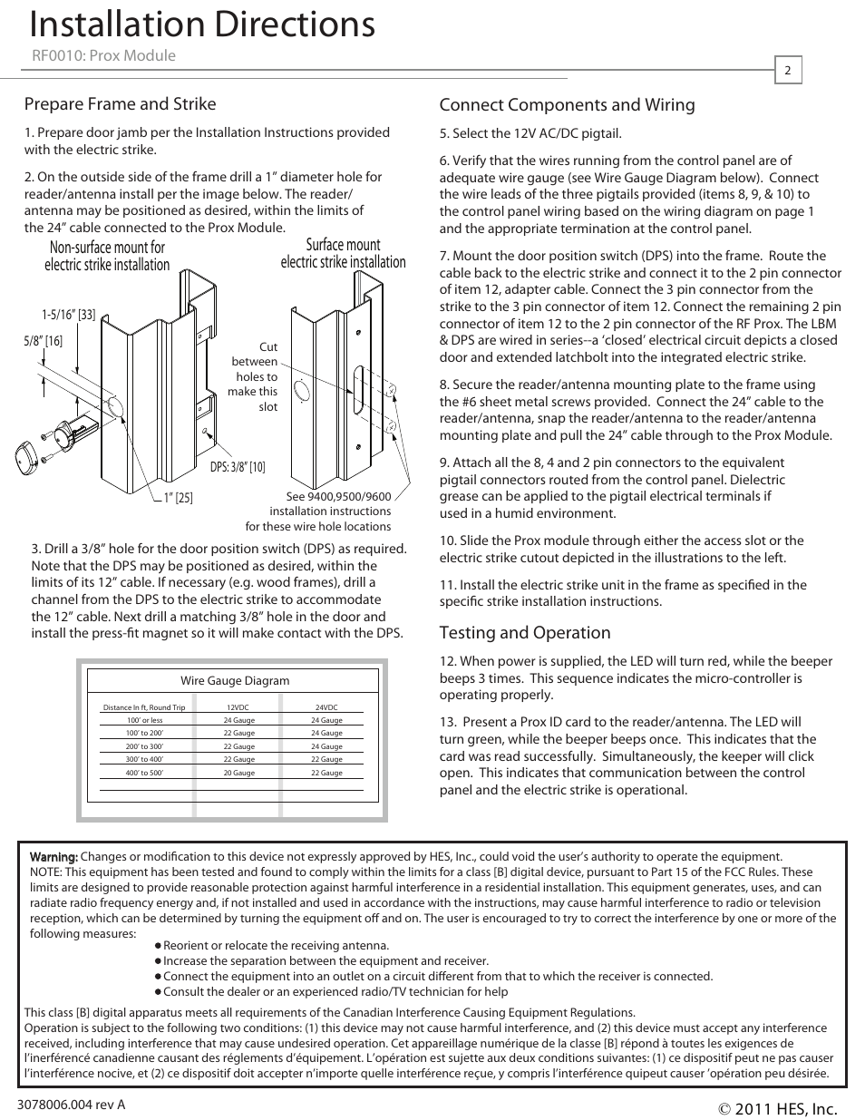 Installation directions, Testing and operation, Prepare frame and strike | Rf0010: prox module, 2011 hes, inc | HES Prox User Manual | Page 2 / 2