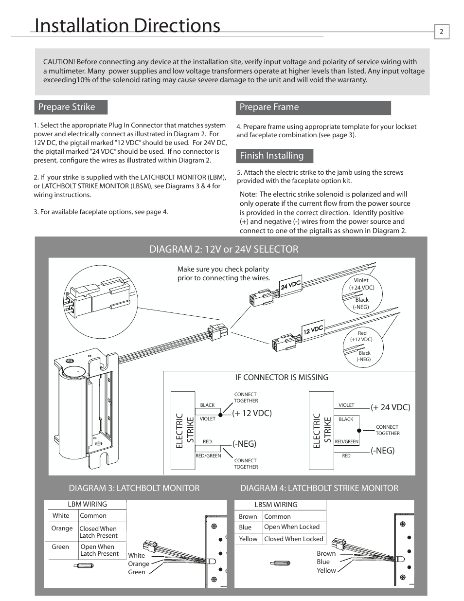 Installation directions, Cutout templates, 1006 with cylindrical locksets | 1006 with mortise locksets, Metal jamb installation for 1006 series faceplates, Prepare strike, Prepare frame, Finish installing | HES 1006 User Manual | Page 2 / 4