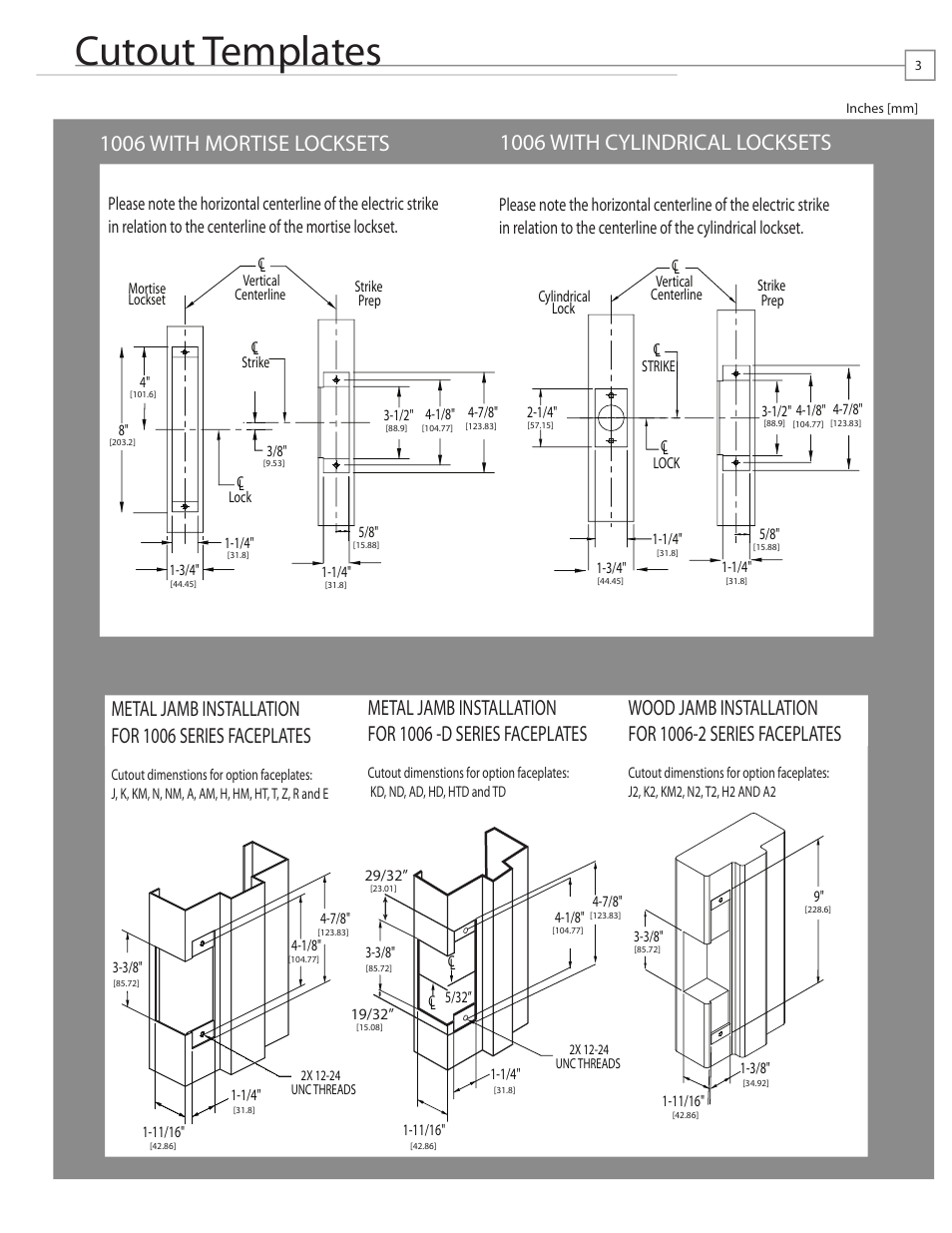 Installation directions, Cutout templates, 1006 with cylindrical locksets | 1006 with mortise locksets, Metal jamb installation for 1006 series faceplates, Prepare strike, Prepare frame, Finish installing | HES 1006 User Manual | Page 3 / 4