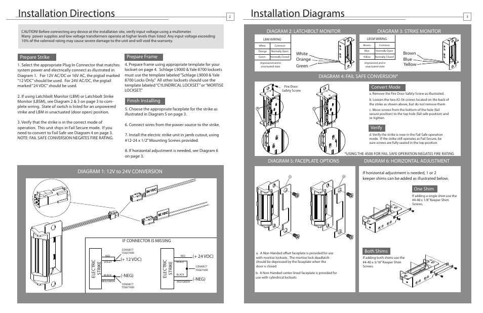 Installation directions, Installation diagrams, Prepare strike | Finish installing, Diagram 5: faceplate options, Prepare frame, Convert mode, Verify, One shim both shims, White orange green brown blue yellow | HES 4500 User Manual | Page 3 / 4