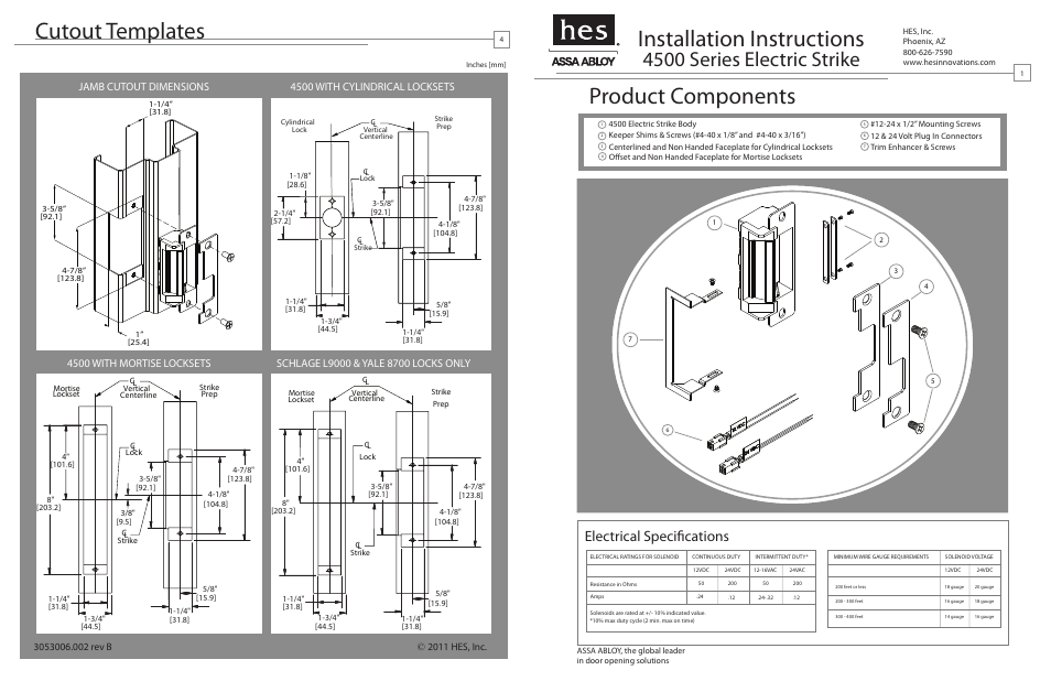 Installation instructions, Cutout templates, Product components | 4500 series electric strike, Electrical specifications | HES 4500 User Manual | Page 4 / 4