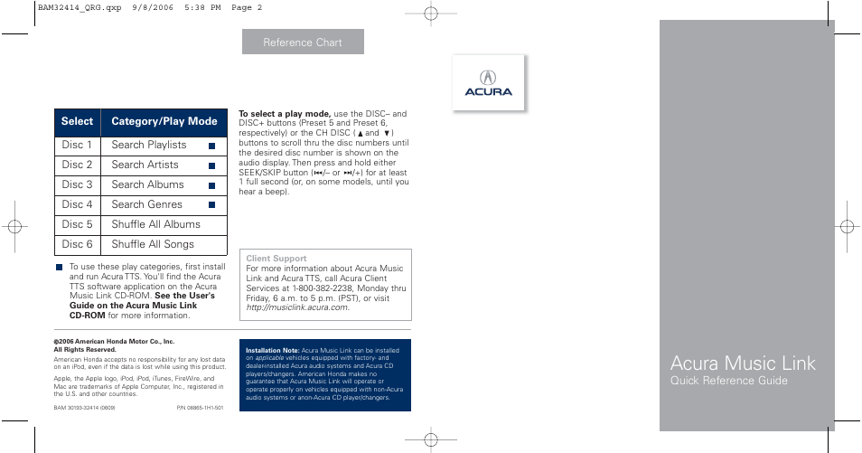 Acura Music Link 08865-1H1-501 User Manual | 2 pages