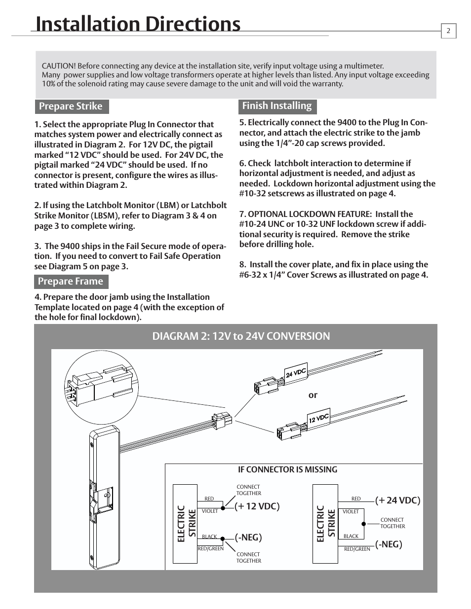Installation directions, Prepare strike, Prepare frame | Finish installing | HES 9400 User Manual | Page 2 / 4