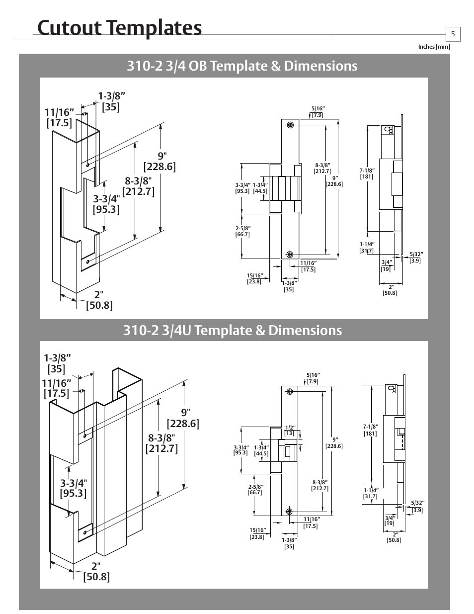 Cutout templates, 2 3/4 ob template & dimensions, 2 3/4u template & dimensions | HES FOLGER ADAM 310-3-1 User Manual | Page 5 / 6