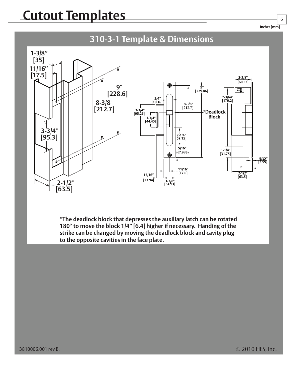 Cutout templates, 3-1 template & dimensions | HES FOLGER ADAM 310-3-1 User Manual | Page 6 / 6