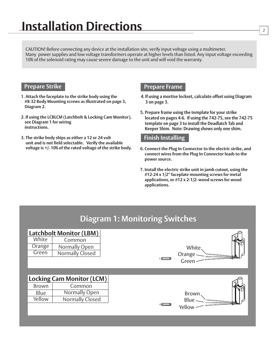 Installation directions, Diagram 1: monitoring switches, Latchbolt monitor (lbm) | Locking cam monitor (lcm) | HES FOLGER ADAM 712 User Manual | Page 2 / 6