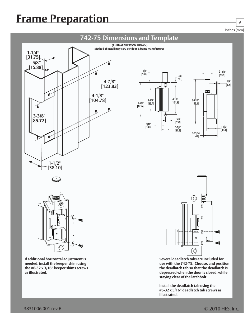 Frame preparation, 75 dimensions and template, 4500 with schlage and yale mortise locks | HES FOLGER ADAM 712 User Manual | Page 6 / 6