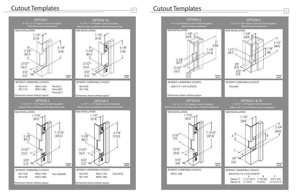 Cutout templates, Option 1, Option 1a | Option 2, Option 3, Option 4, Option 5, Option 6, Option 7 & 7e | HES VISTA V3 User Manual | Page 2 / 4