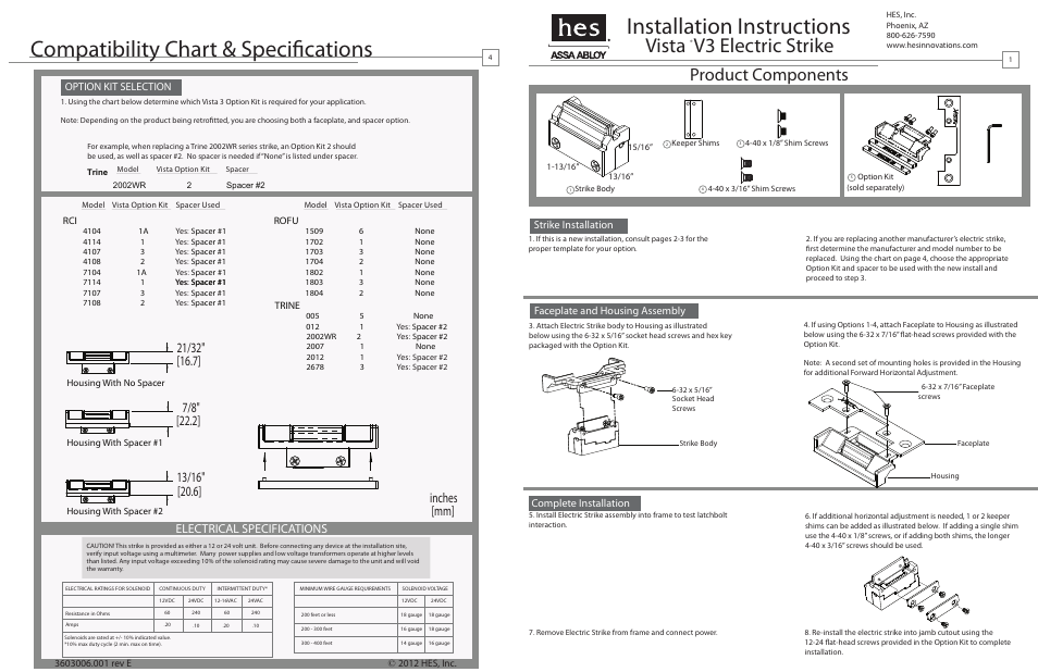 Installation instructions, Compatibility chart & specifications, Vista v3 electric strike | Product components, Inches [mm, Electrical specifications, Strike installation, Faceplate and housing assembly, Complete installation, Option kit selection | HES VISTA V3 User Manual | Page 4 / 4