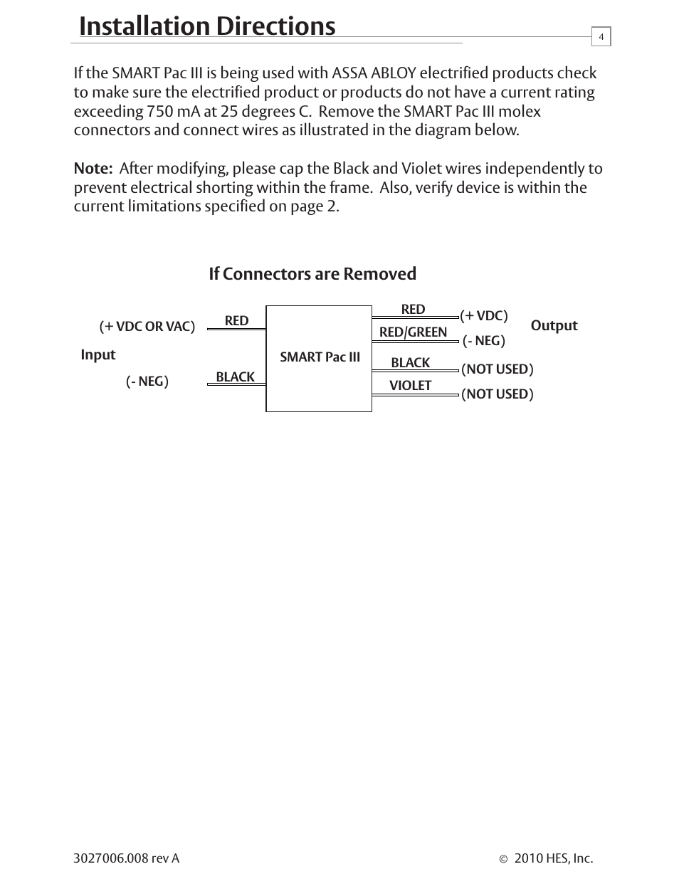 Installation directions, If connectors are removed | HES 2005M3 SMART Pac III User Manual | Page 4 / 4