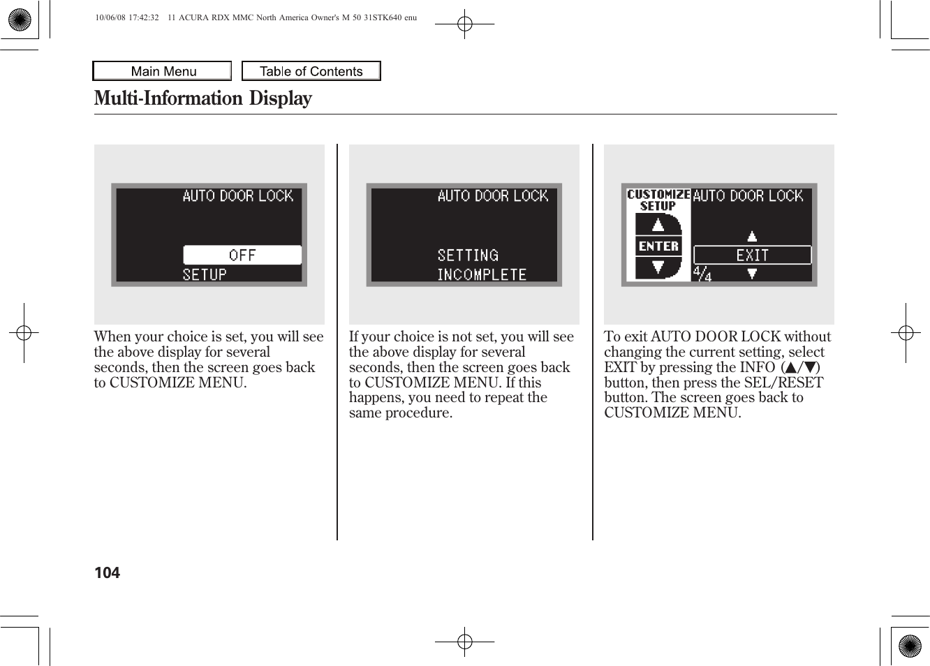 Multi-information display | Acura 2011 RDX User Manual | Page 108 / 514