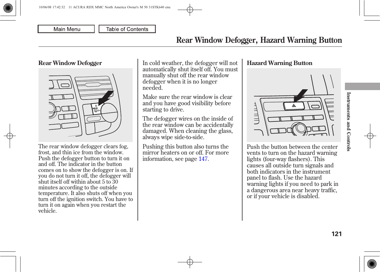 Rear window defogger, hazard warning button, 2011 rdx | Acura 2011 RDX User Manual | Page 125 / 514