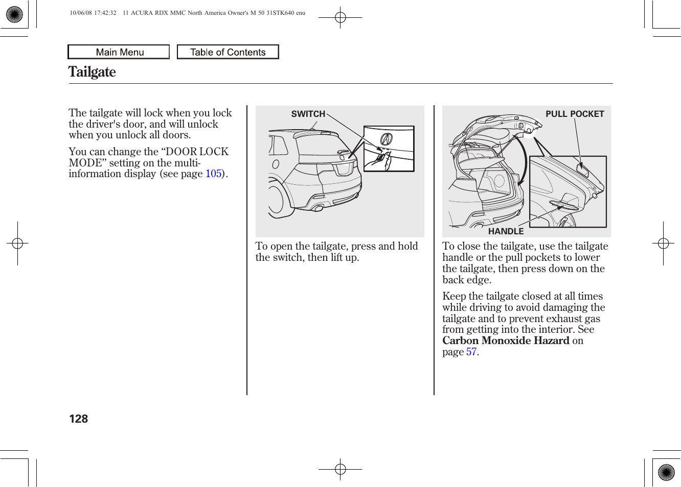 Tailgate, 2011 rdx | Acura 2011 RDX User Manual | Page 132 / 514