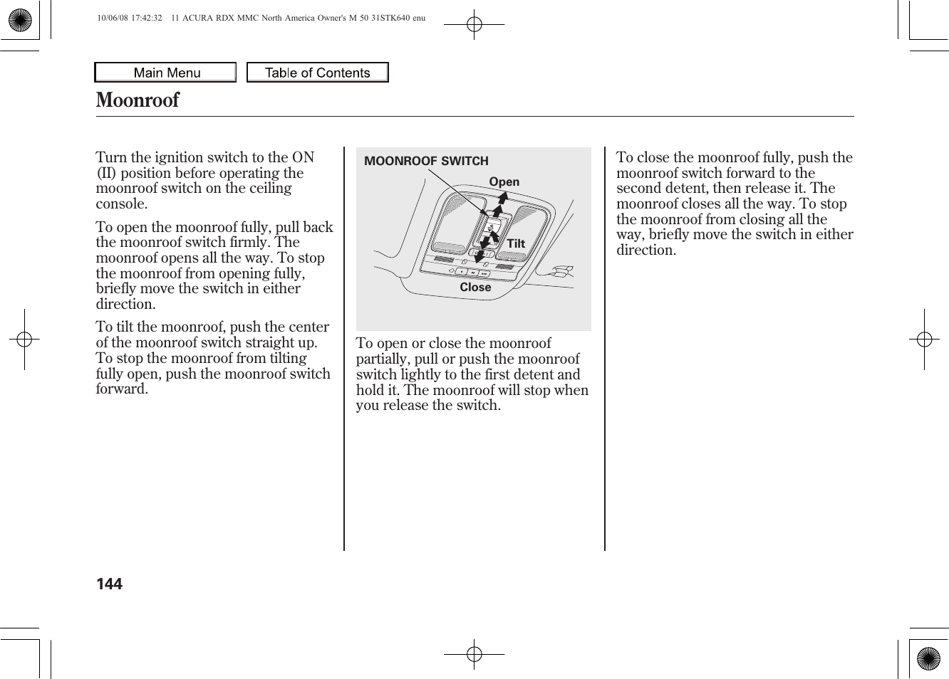 Moonroof, 2011 rdx | Acura 2011 RDX User Manual | Page 148 / 514