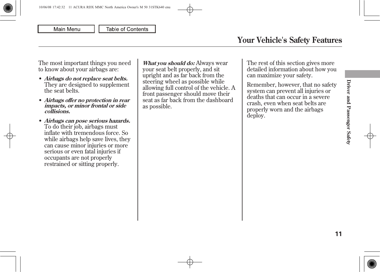 Your vehicle's safety features, 2011 rdx | Acura 2011 RDX User Manual | Page 15 / 514