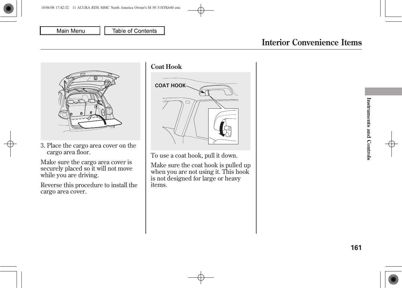 Coat hook, Interior convenience items, 2011 rdx | Acura 2011 RDX User Manual | Page 165 / 514