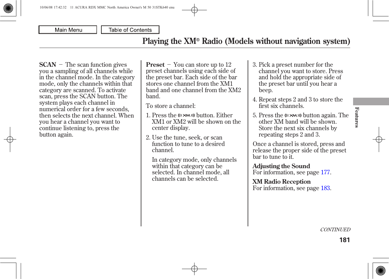 Playing the xm, Radio (models without navigation system), 2011 rdx | Acura 2011 RDX User Manual | Page 185 / 514
