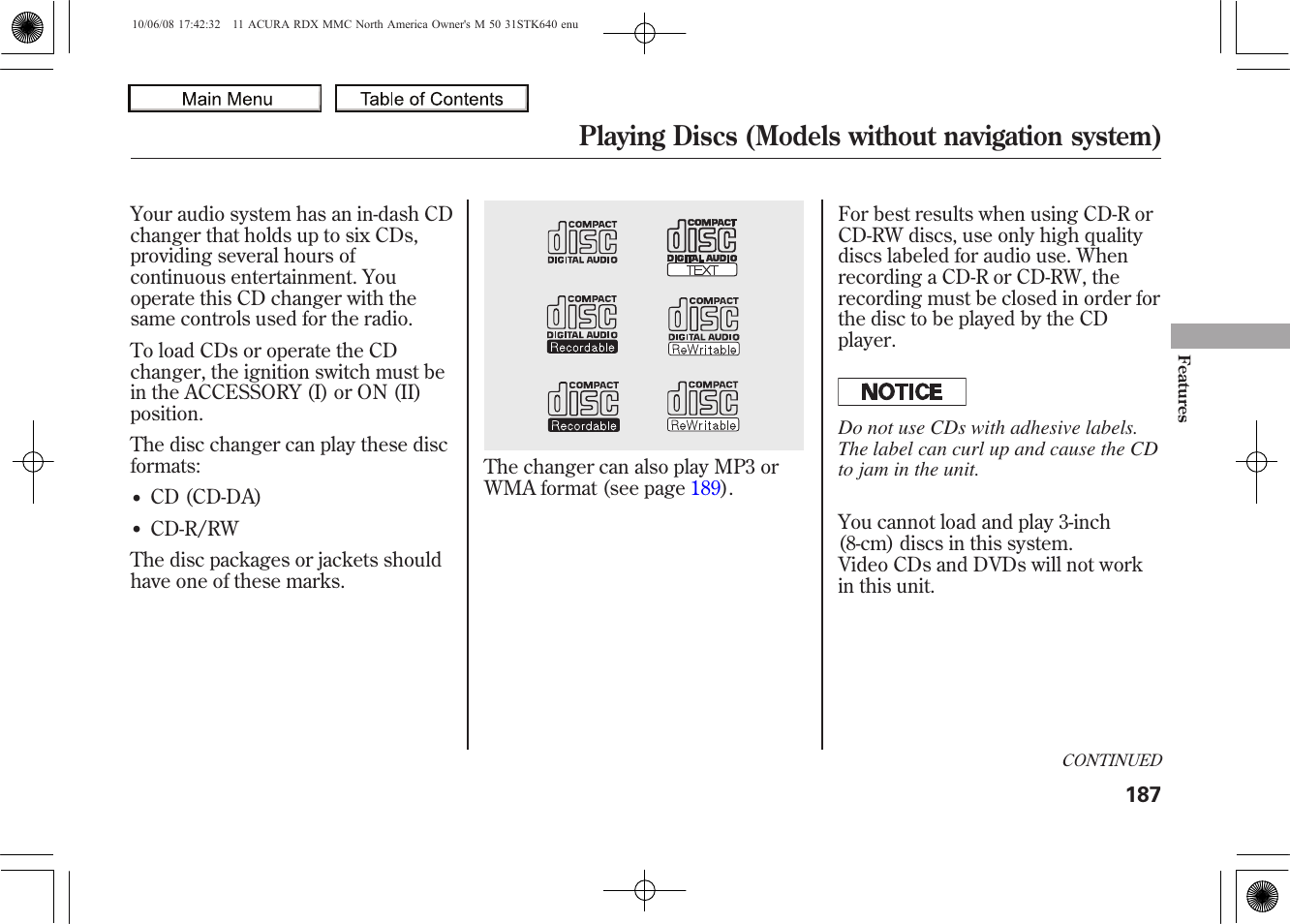 Playing discs (models without navigation system), 2011 rdx | Acura 2011 RDX User Manual | Page 191 / 514