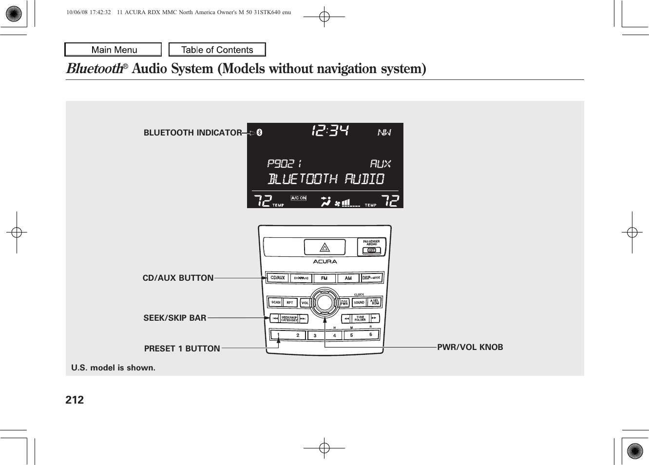 Bluetooth, Audio system (models without navigation system), 2011 rdx | Acura 2011 RDX User Manual | Page 216 / 514