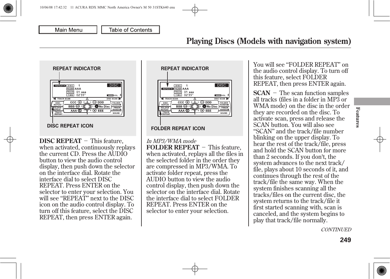 Playing discs (models with navigation system), 2011 rdx | Acura 2011 RDX User Manual | Page 253 / 514