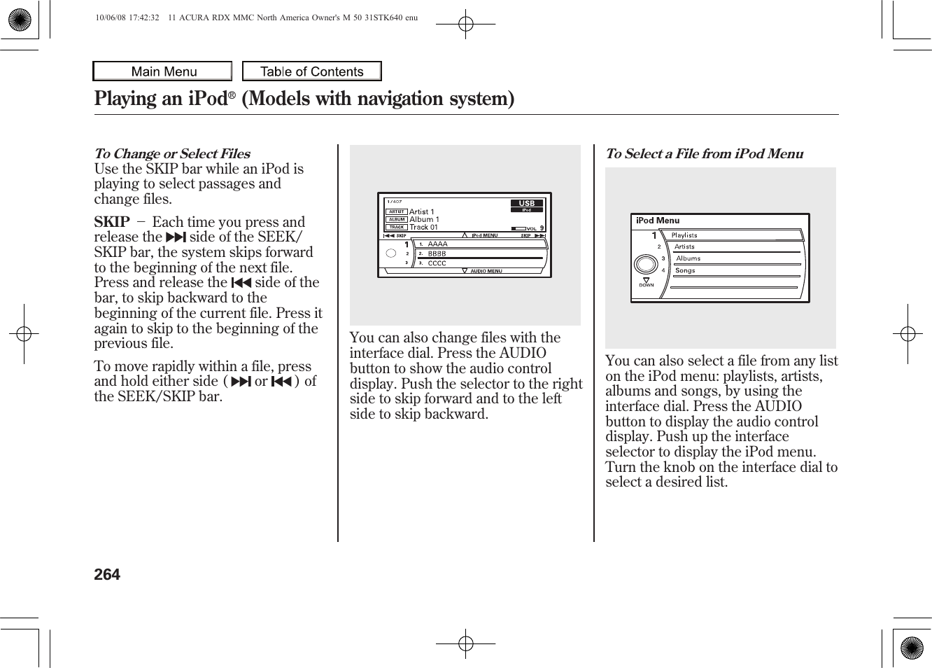 Playing an ipod, Models with navigation system), 2011 rdx | Acura 2011 RDX User Manual | Page 268 / 514