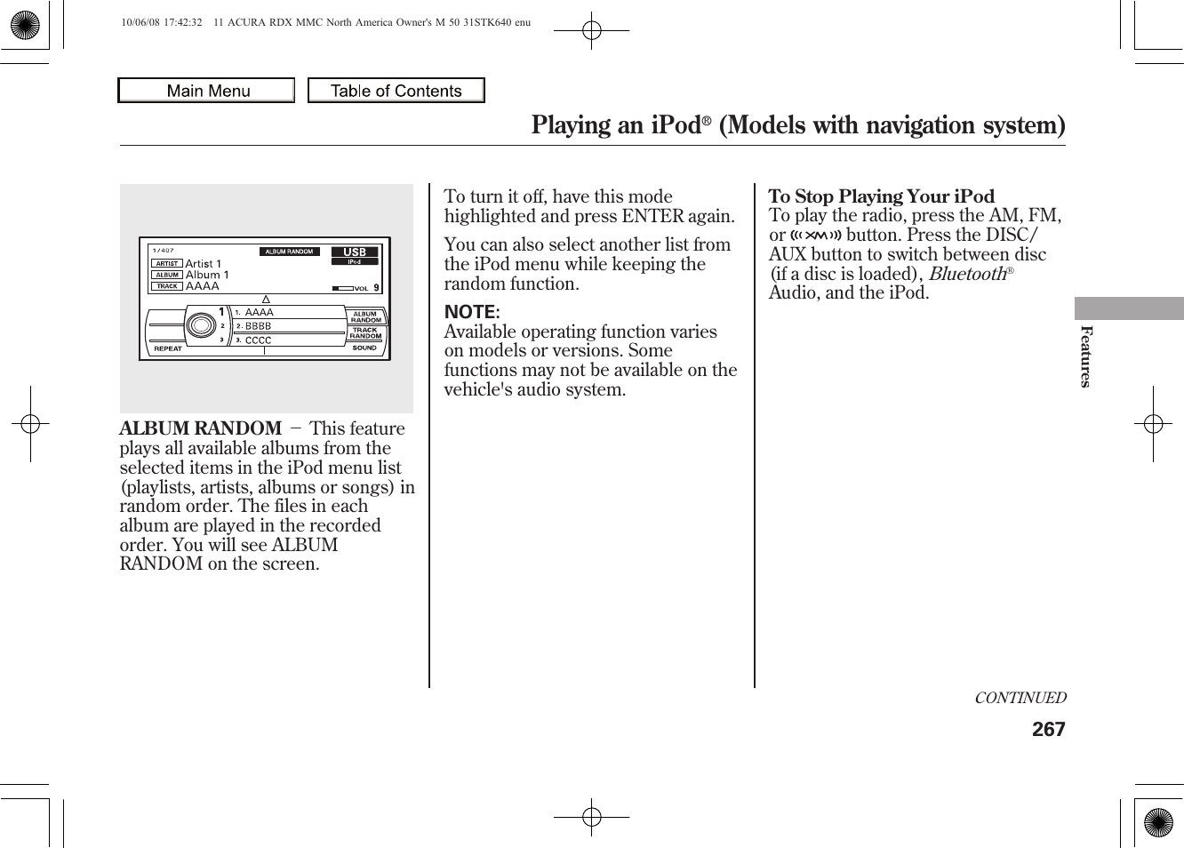 Playing an ipod, Models with navigation system), 2011 rdx | Acura 2011 RDX User Manual | Page 271 / 514