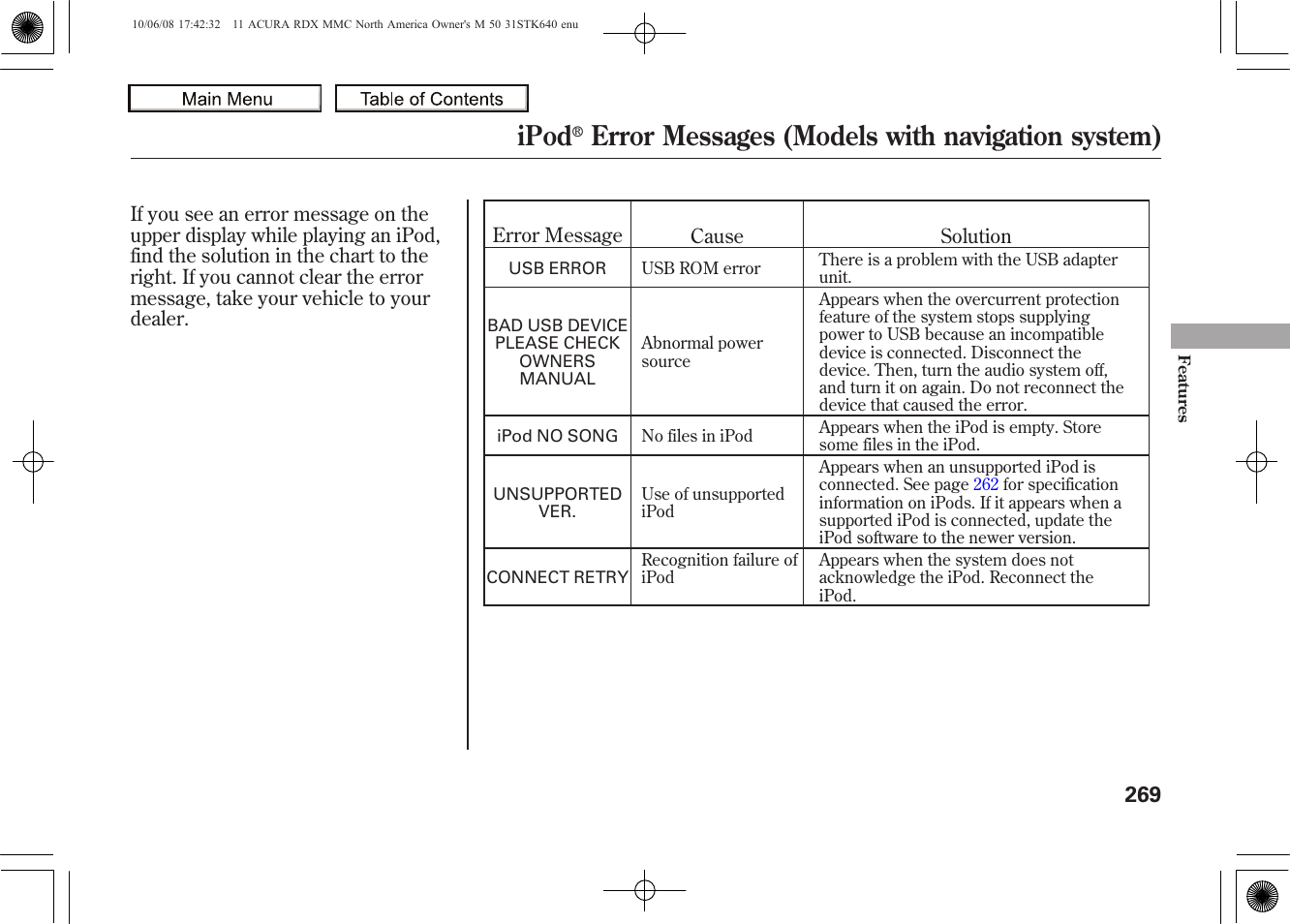 Ipod, Error messages (models with navigation system), 2011 rdx | Acura 2011 RDX User Manual | Page 273 / 514