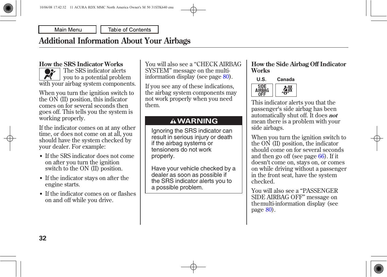 Additional information about your airbags, 2011 rdx | Acura 2011 RDX User Manual | Page 36 / 514