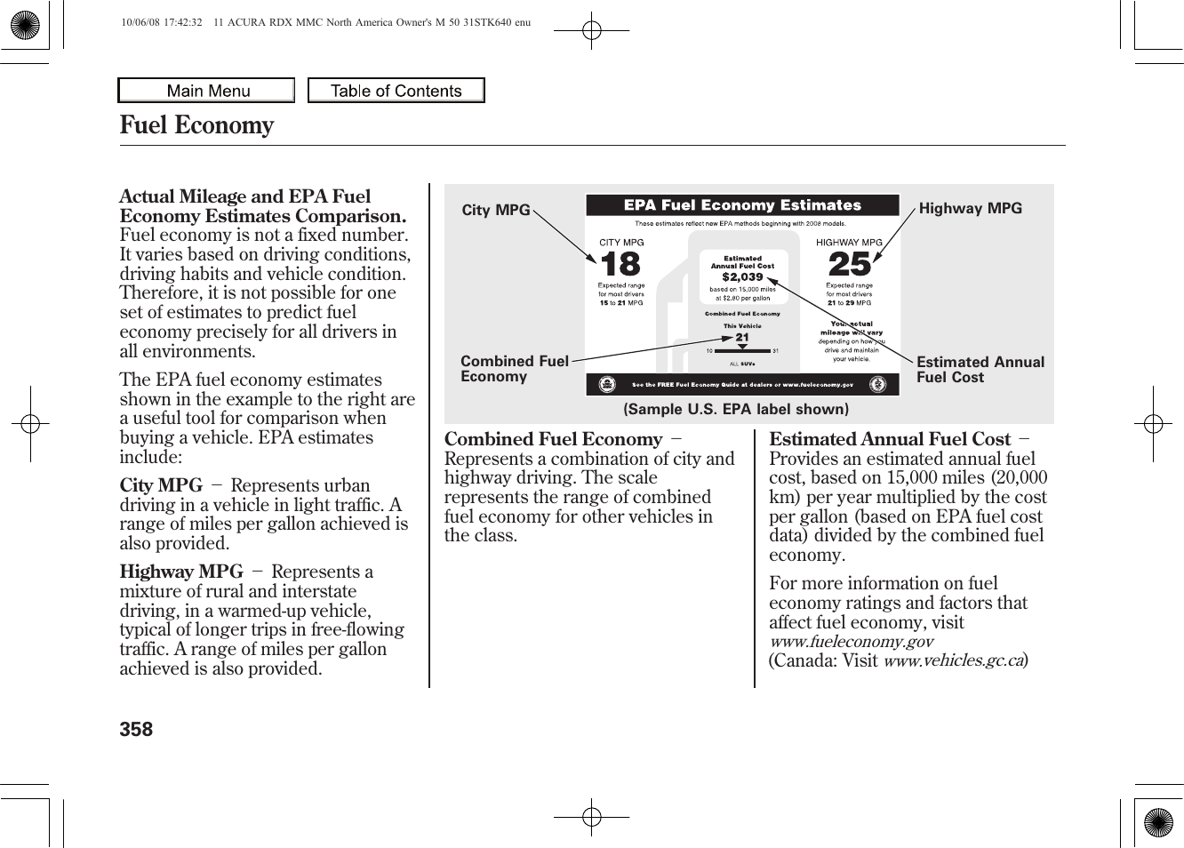 Fuel economy, 2011 rdx | Acura 2011 RDX User Manual | Page 362 / 514