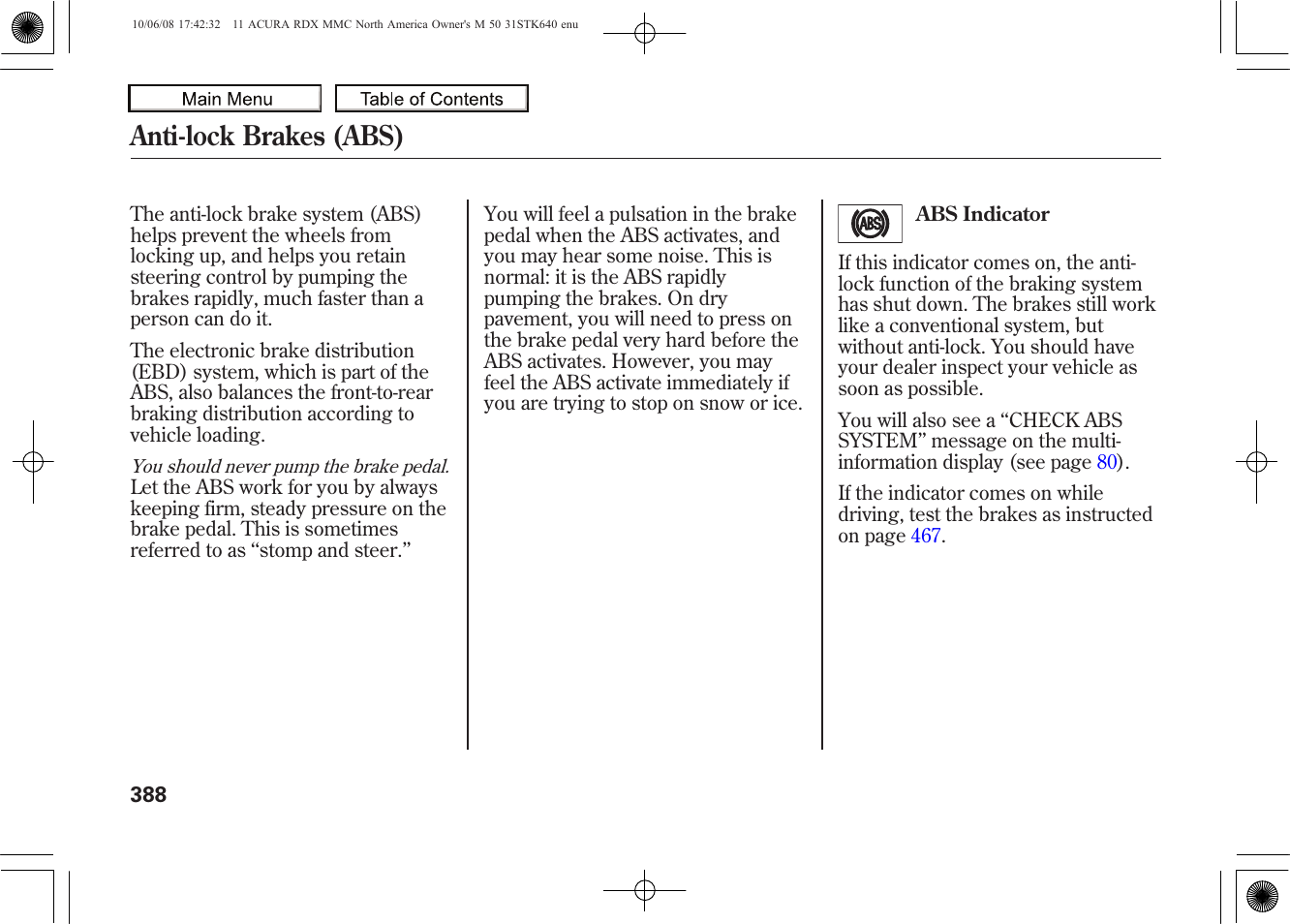 Anti-lock brakes (abs), 2011 rdx | Acura 2011 RDX User Manual | Page 392 / 514