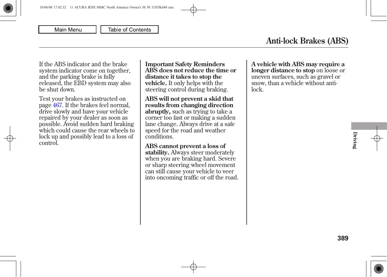 Anti-lock brakes (abs), 2011 rdx | Acura 2011 RDX User Manual | Page 393 / 514