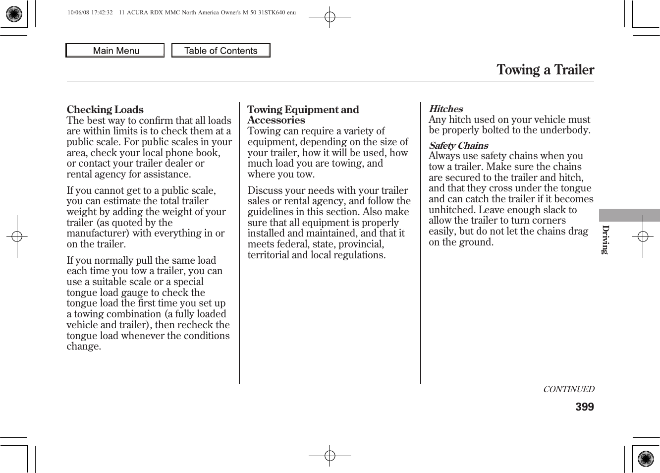 Towing a trailer, 2011 rdx | Acura 2011 RDX User Manual | Page 403 / 514