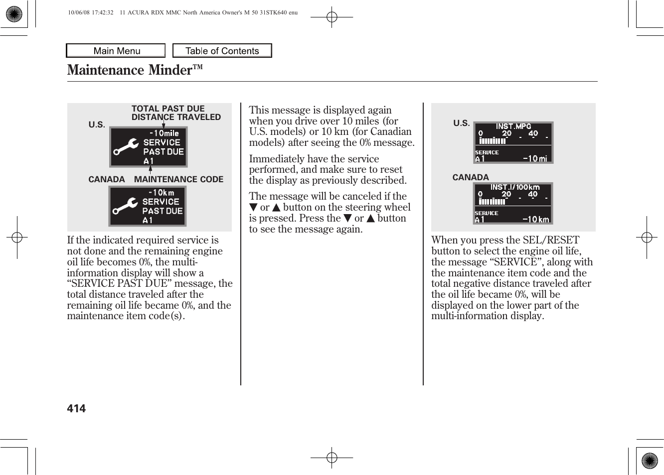 Maintenance minder, 2011 rdx | Acura 2011 RDX User Manual | Page 418 / 514