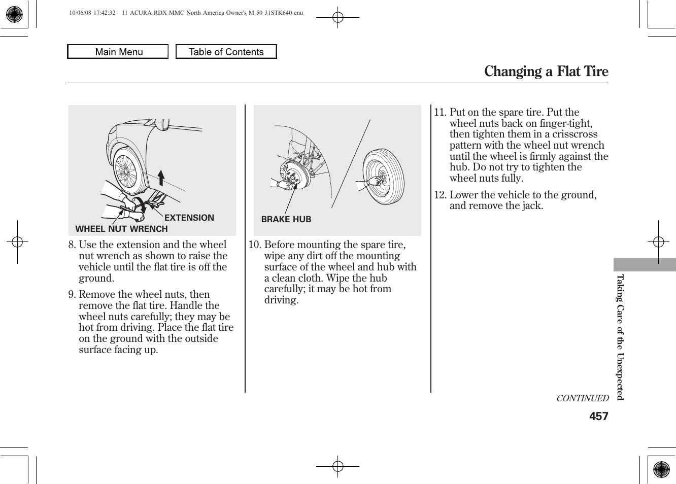 Changing a flat tire, 2011 rdx | Acura 2011 RDX User Manual | Page 461 / 514