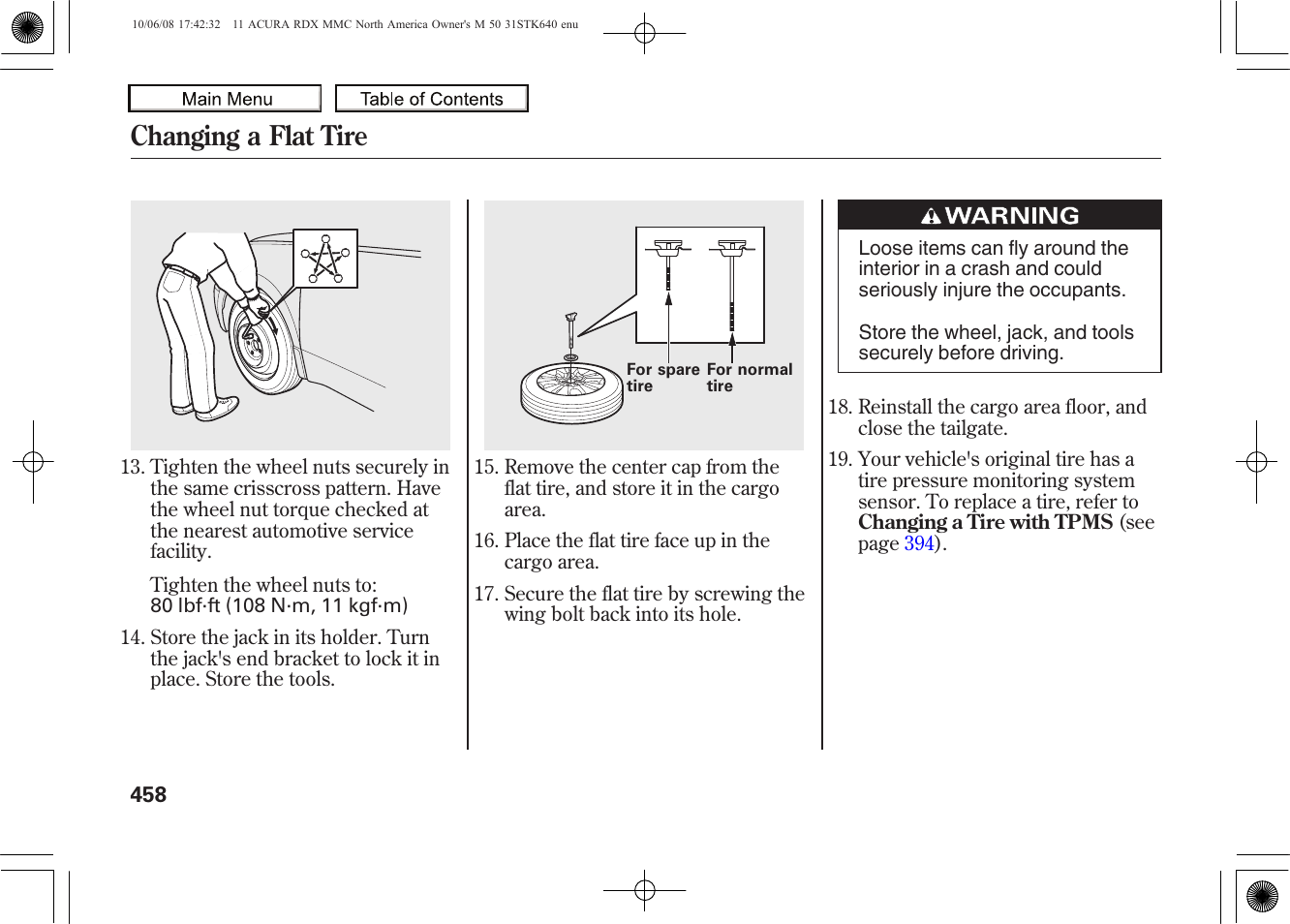 Changing a flat tire, 2011 rdx | Acura 2011 RDX User Manual | Page 462 / 514