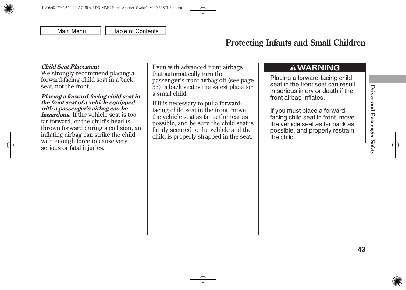 Protecting infants and small children, 2011 rdx | Acura 2011 RDX User Manual | Page 47 / 514