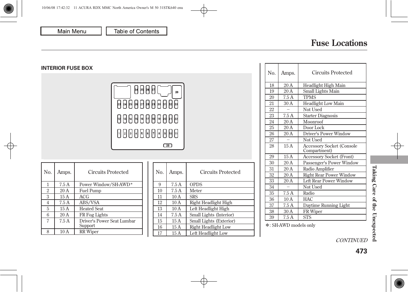 Fuse locations, 2011 rdx | Acura 2011 RDX User Manual | Page 477 / 514