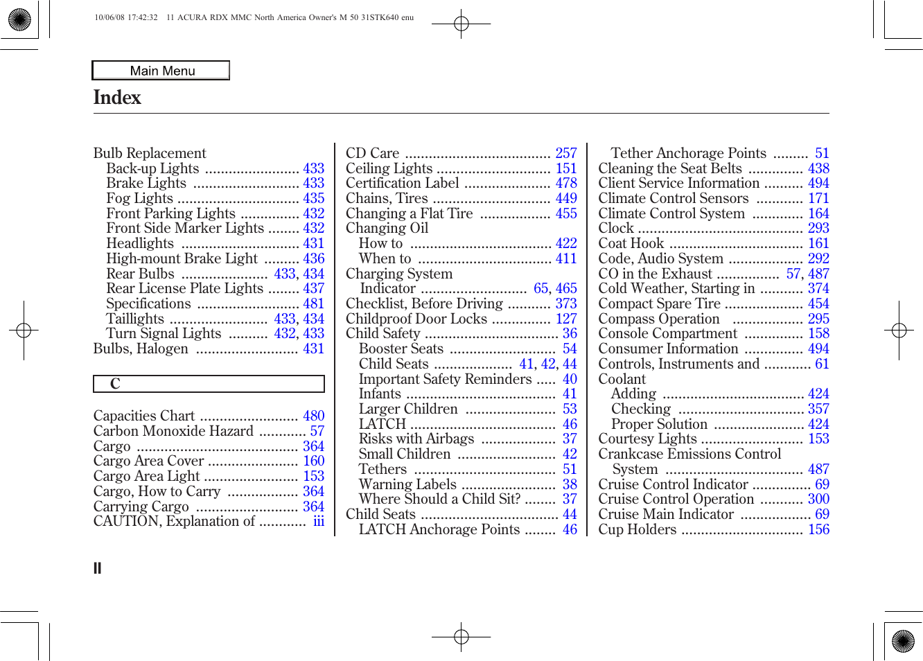 Index | Acura 2011 RDX User Manual | Page 503 / 514