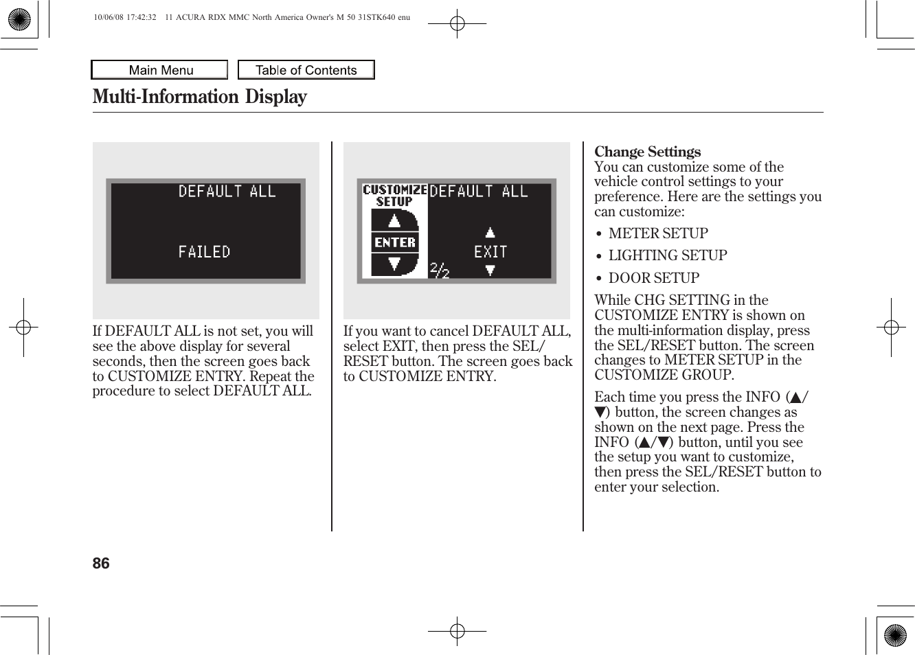 Multi-information display, 2011 rdx | Acura 2011 RDX User Manual | Page 90 / 514