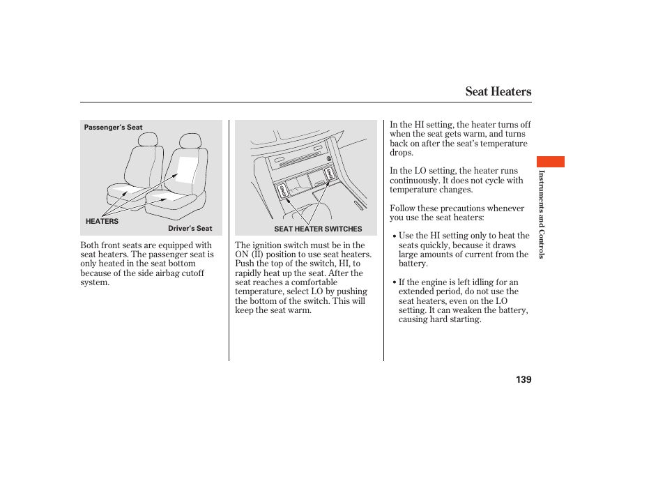 Seat heaters | Acura 2008 RDX User Manual | Page 145 / 434