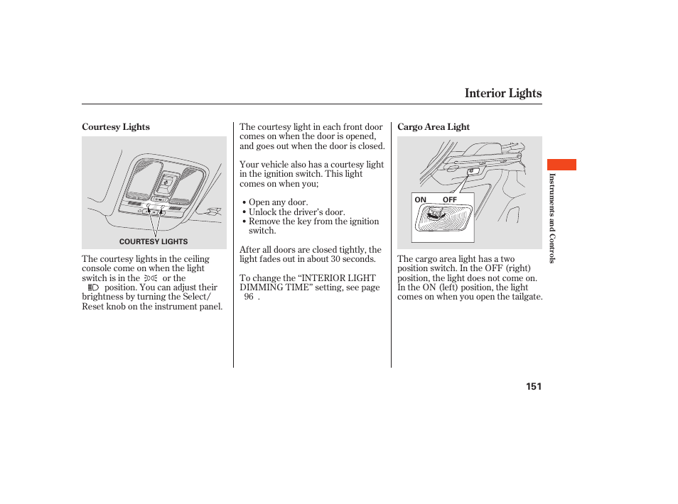 Interior lights | Acura 2008 RDX User Manual | Page 157 / 434